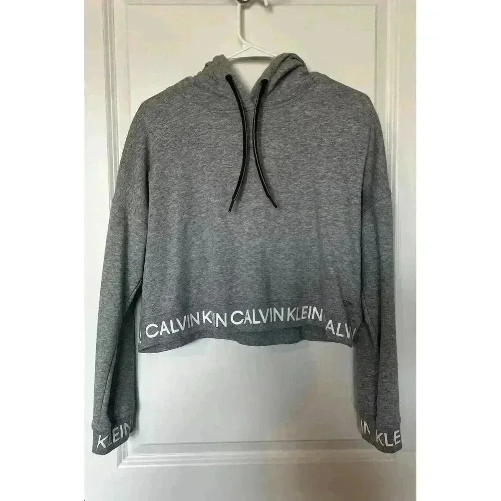Calvin Klein Womens Athletic Gray Cropped Hooded Sweater Size L (0464)